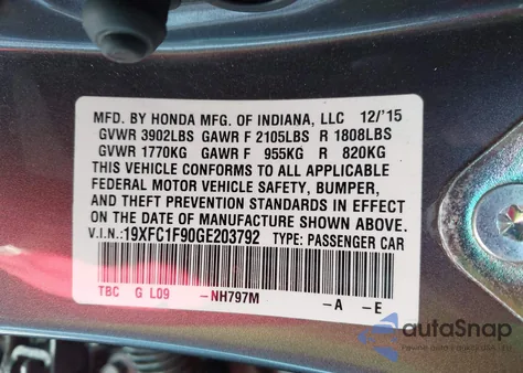 2016 Honda Civic Touring z USA, uszkodzony, nr VIN 19XFC1F90GE203792